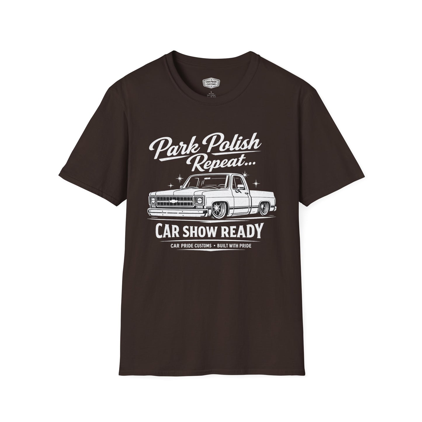 Park Polish Repeat | 1975 Chevy Silverado T-Shirt | Funny Square Body Truck Show Graphic Tee | Chevrolet Truck Shirt