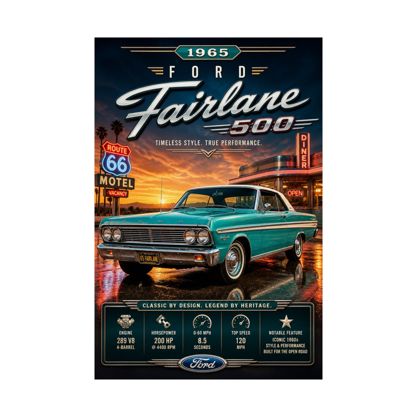 1965 Ford Fairlane 500 Poster | Classic Ford Muscle Car Wall Art | Vintage Fairlane Print | Route 66 Car Poster | Car Enthusiast Gift