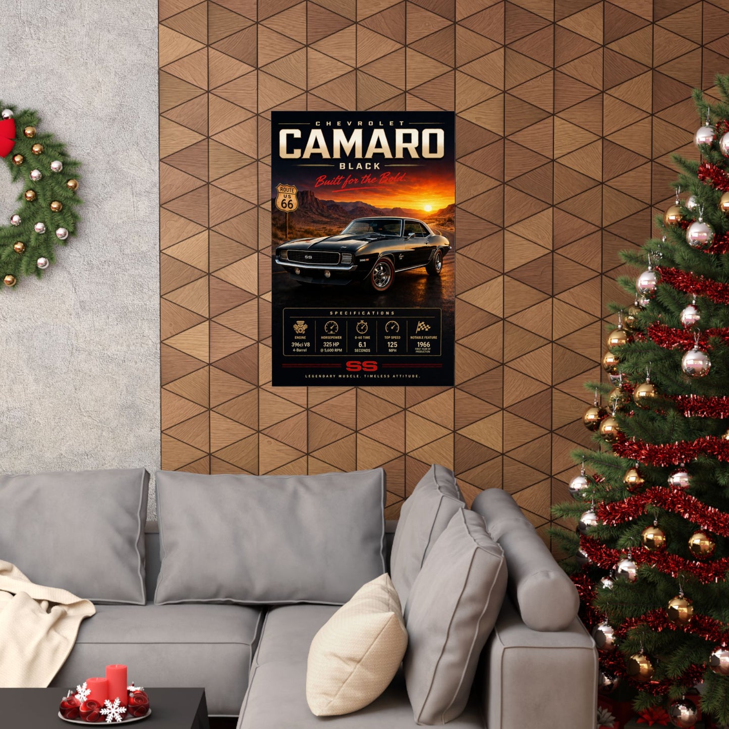 Chevrolet Camaro SS Poster | 1969 Camaro Wall Art | Classic Muscle Car Print | Route 66 Car Poster | Car Enthusiast Gift