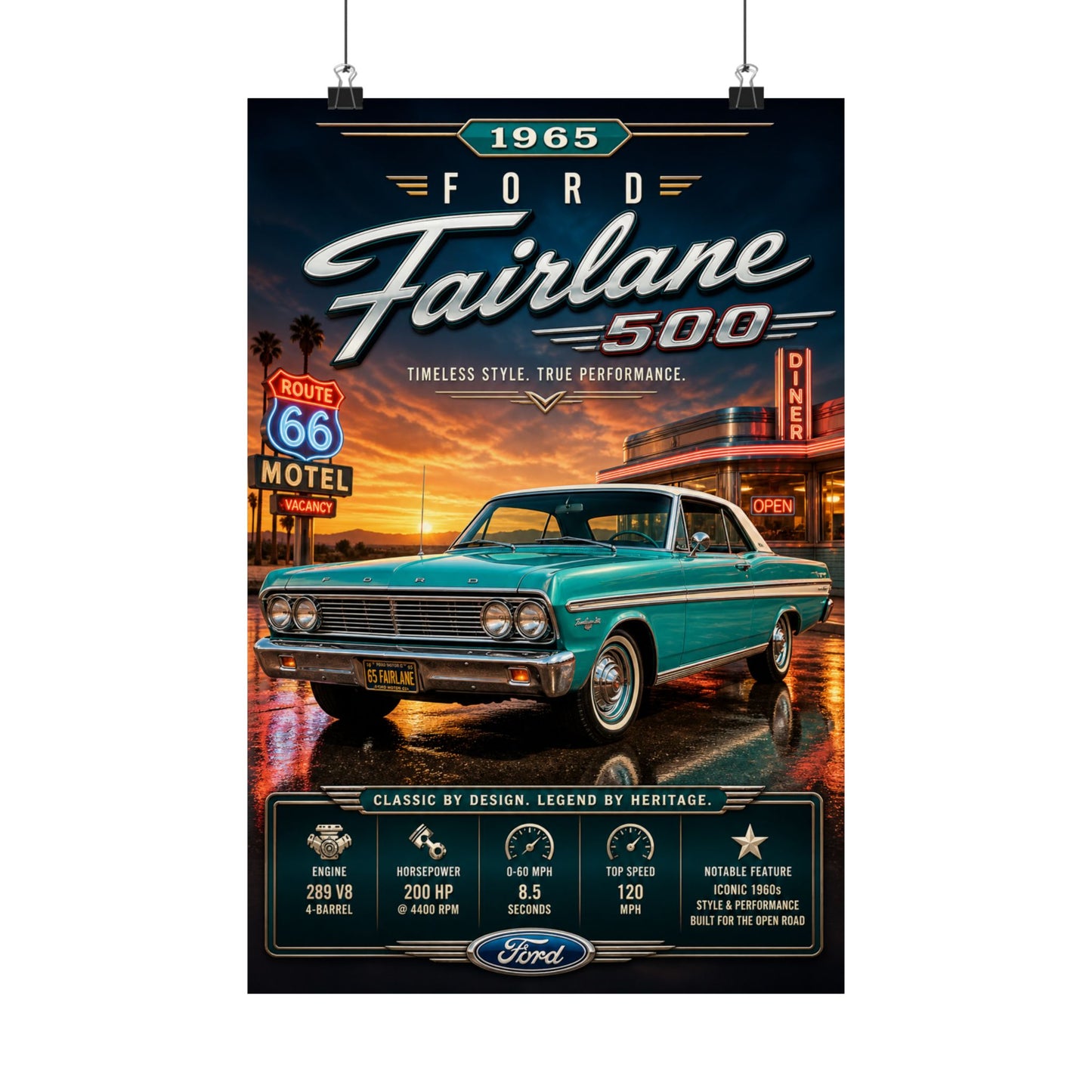 1965 Ford Fairlane 500 Poster | Classic Ford Muscle Car Wall Art | Vintage Fairlane Print | Route 66 Car Poster | Car Enthusiast Gift