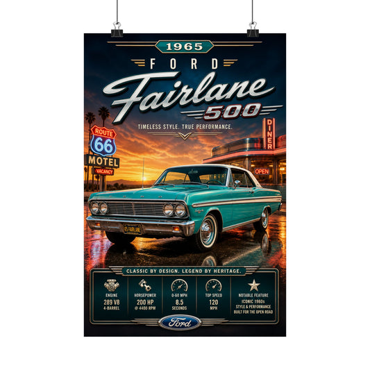 1965 Ford Fairlane 500 Poster | Classic Ford Muscle Car Wall Art | Vintage Fairlane Print | Route 66 Car Poster | Car Enthusiast Gift