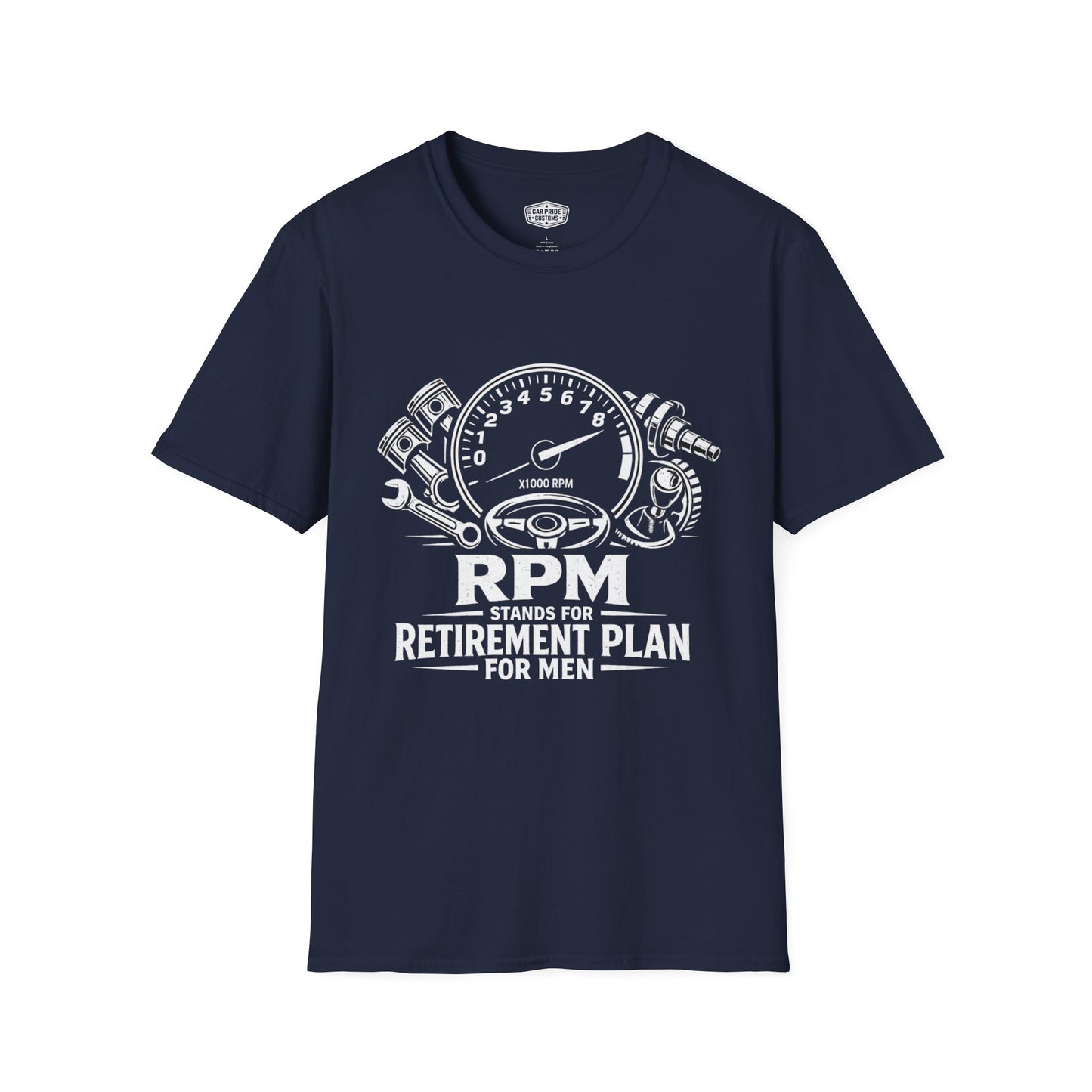 RPM Retirement Plan for Men T-Shirt | Funny Mechanic Car Guy Graphic Tee | Retirement Gift for Dad