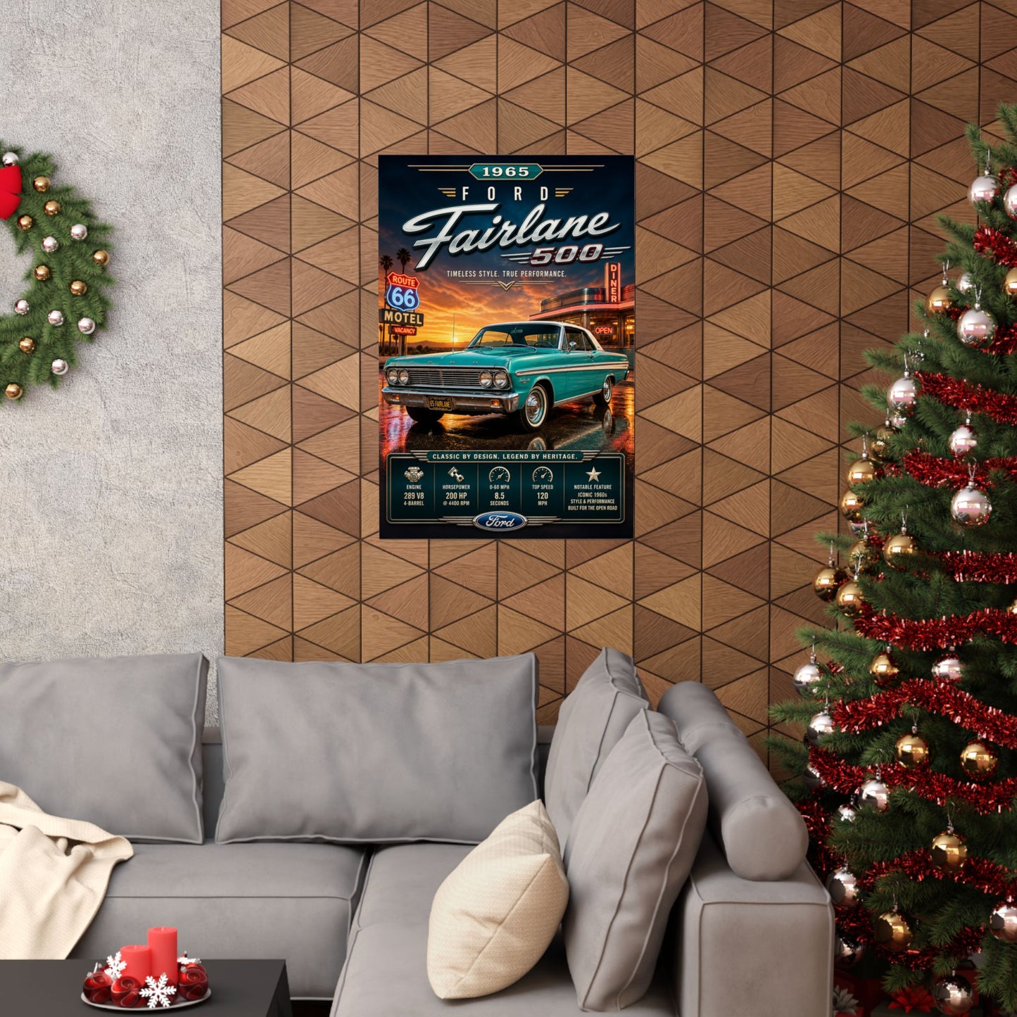 1965 Ford Fairlane 500 Poster | Classic Ford Muscle Car Wall Art | Vintage Fairlane Print | Route 66 Car Poster | Car Enthusiast Gift