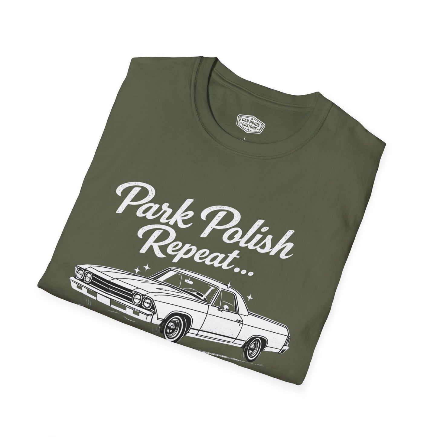 Park Polish Repeat | 1968 Chevy El Camino T-Shirt | Funny Car-Truck Hybrid Show Graphic Tee | El Camino Shirt