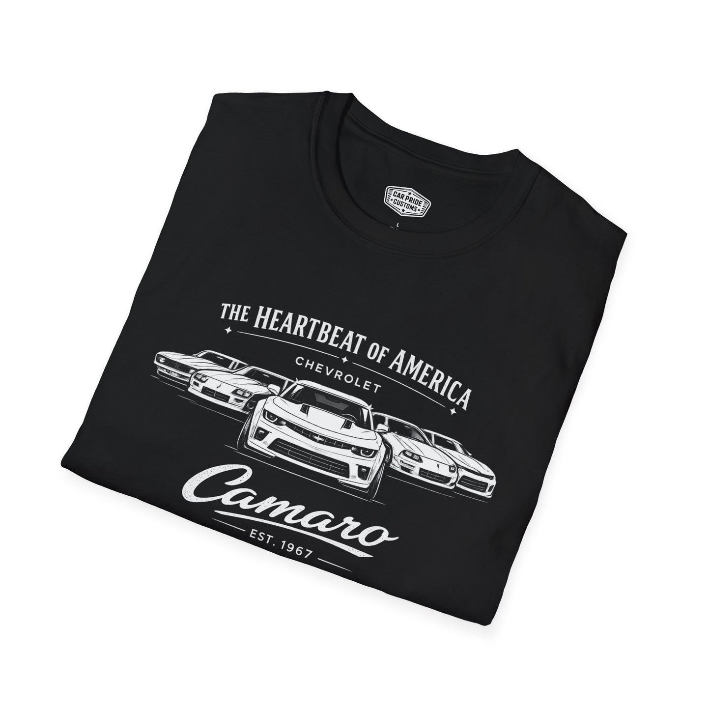 Chevy Camaro Evolution T-Shirt | Heartbeat of America Camaro Graphic Tee | Classic Chevrolet Muscle Car Shirt