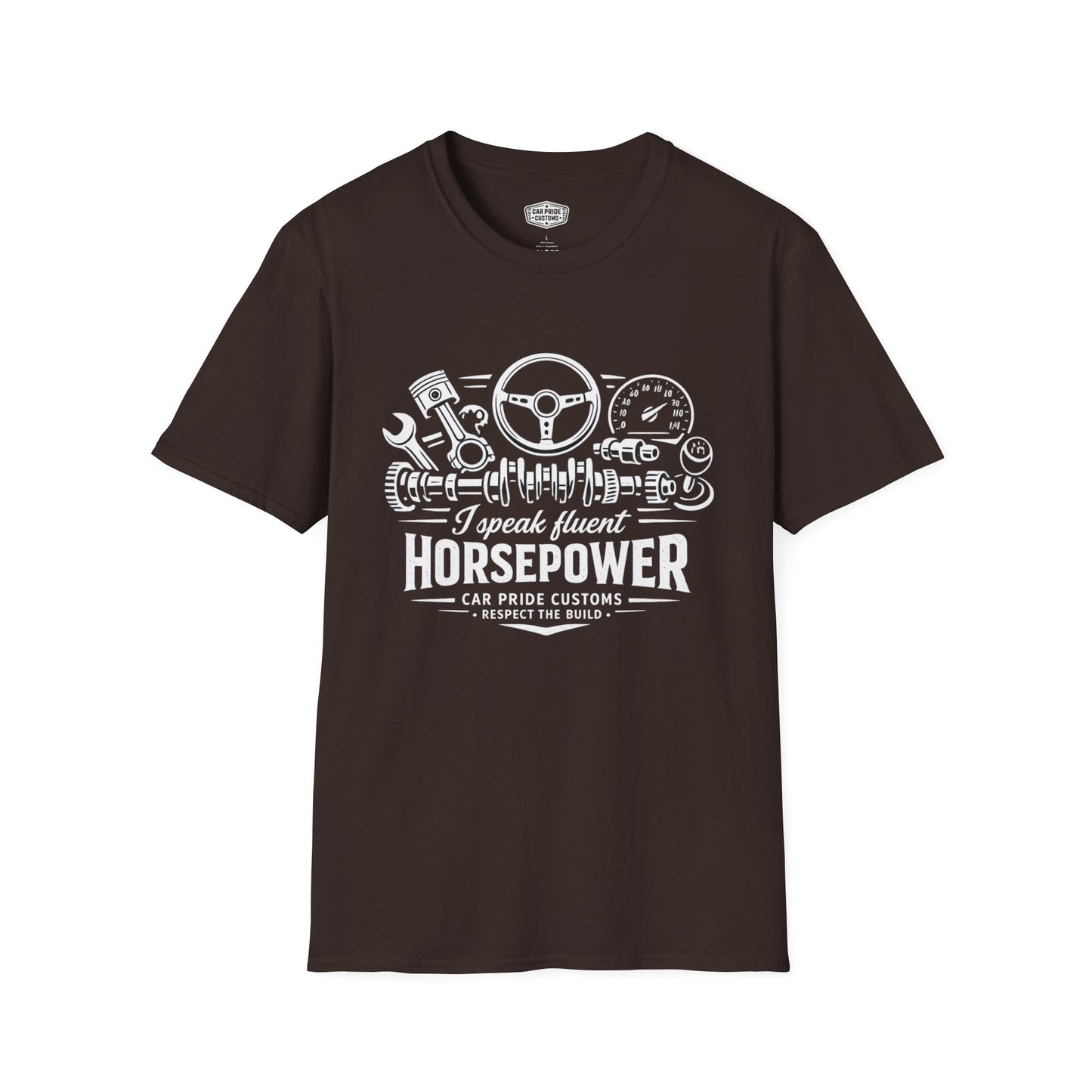 I Speak Fluent Horsepower T-Shirt | Funny Mechanic Car Guy Graphic Tee | Horsepower Shirt for Gearheads