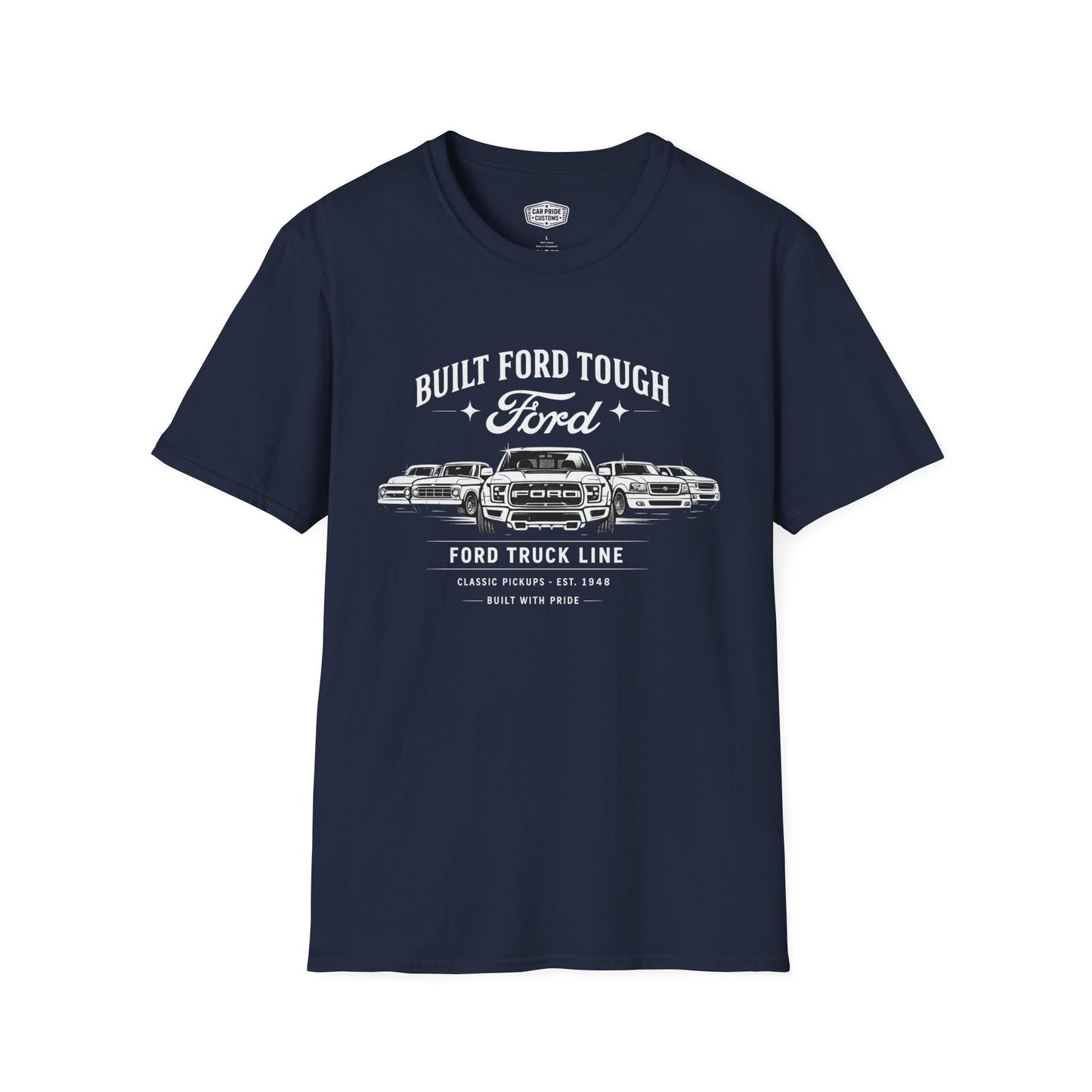 Ford Truck Line Evolution T-Shirt | Built Ford Tough Pickup Graphic Tee | Classic Ford Shirt for Truck Guys