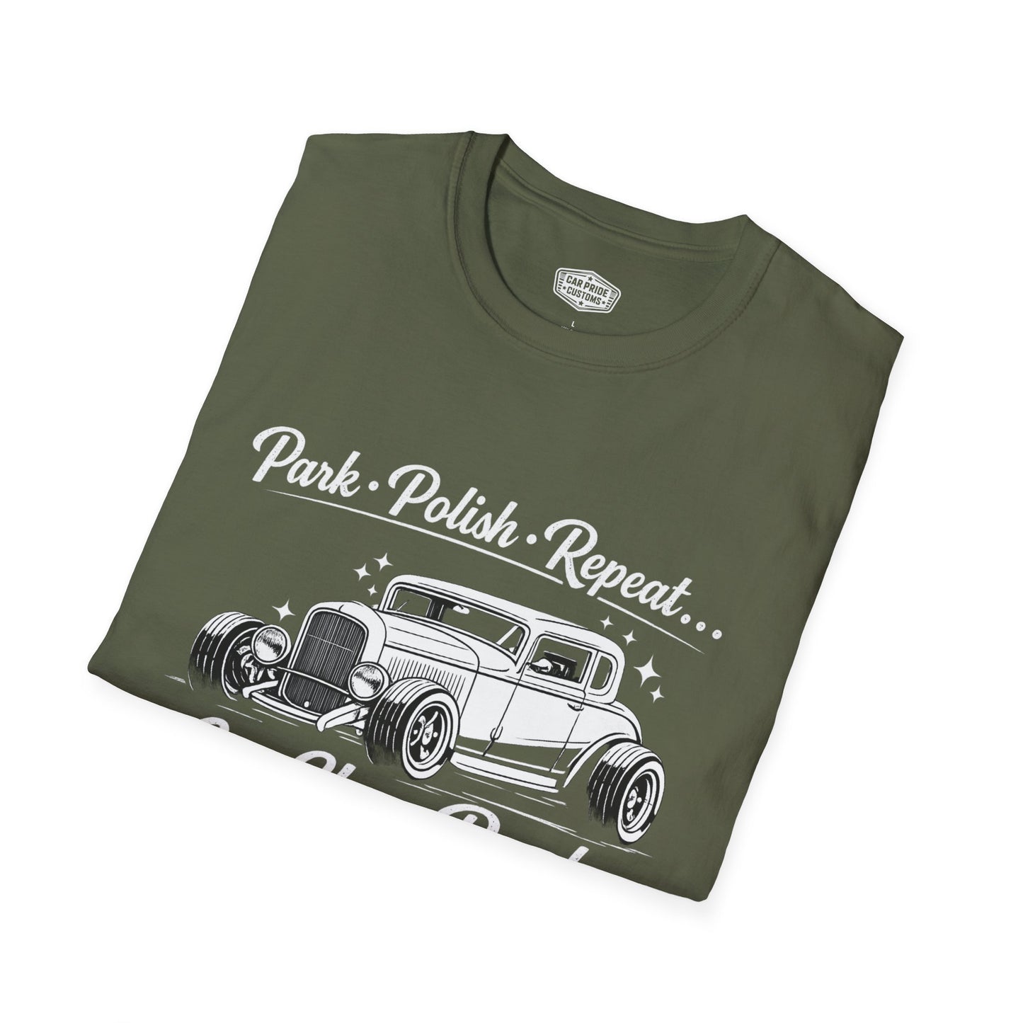 Park Polish Repeat | 1932 Ford Deluxe Hot Rod T-Shirt | Funny Vintage Car Show Graphic Tee | Ford Roadster Shirt