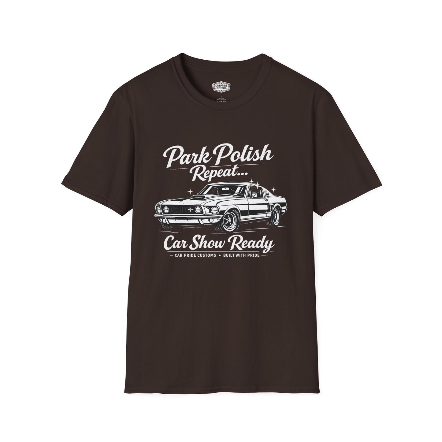 Park Polish Repeat | 1968 Ford Mustang Mach 1 T-Shirt | Funny Car Show Ready Graphic Tee | Classic Mustang Shirt