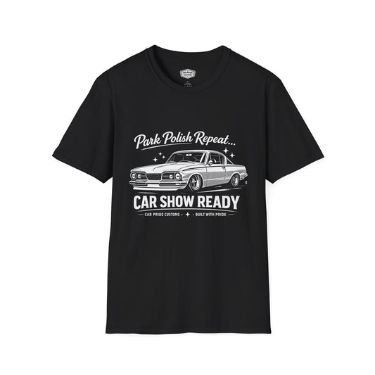 Park Polish Repeat | 1965 Plymouth Barracuda T-Shirt | Funny Mopar Muscle Car Show Graphic Tee | Barracuda Shirt