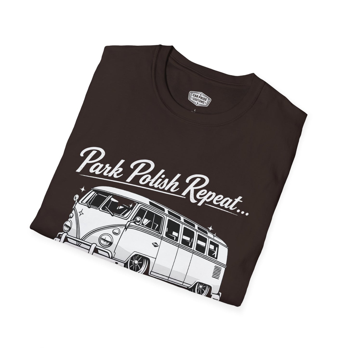 Park Polish Repeat | 1968 VW Bus 13-Window T-Shirt | Funny Classic Van Show Graphic Tee | Volkswagen Shirt
