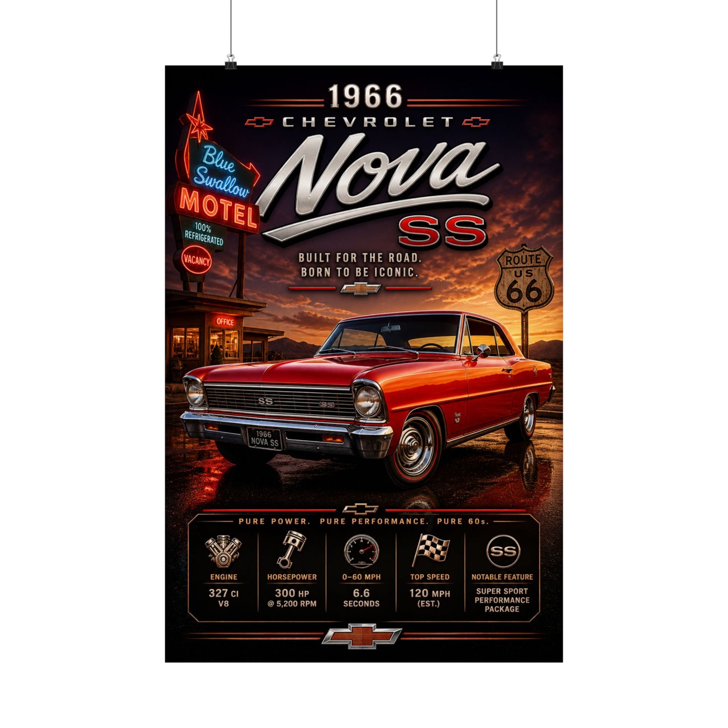 1966 Chevy Nova SS Poster | Classic Chevrolet Muscle Car Wall Art | Vintage Nova Print | Route 66 Poster | Car Enthusiast Gift