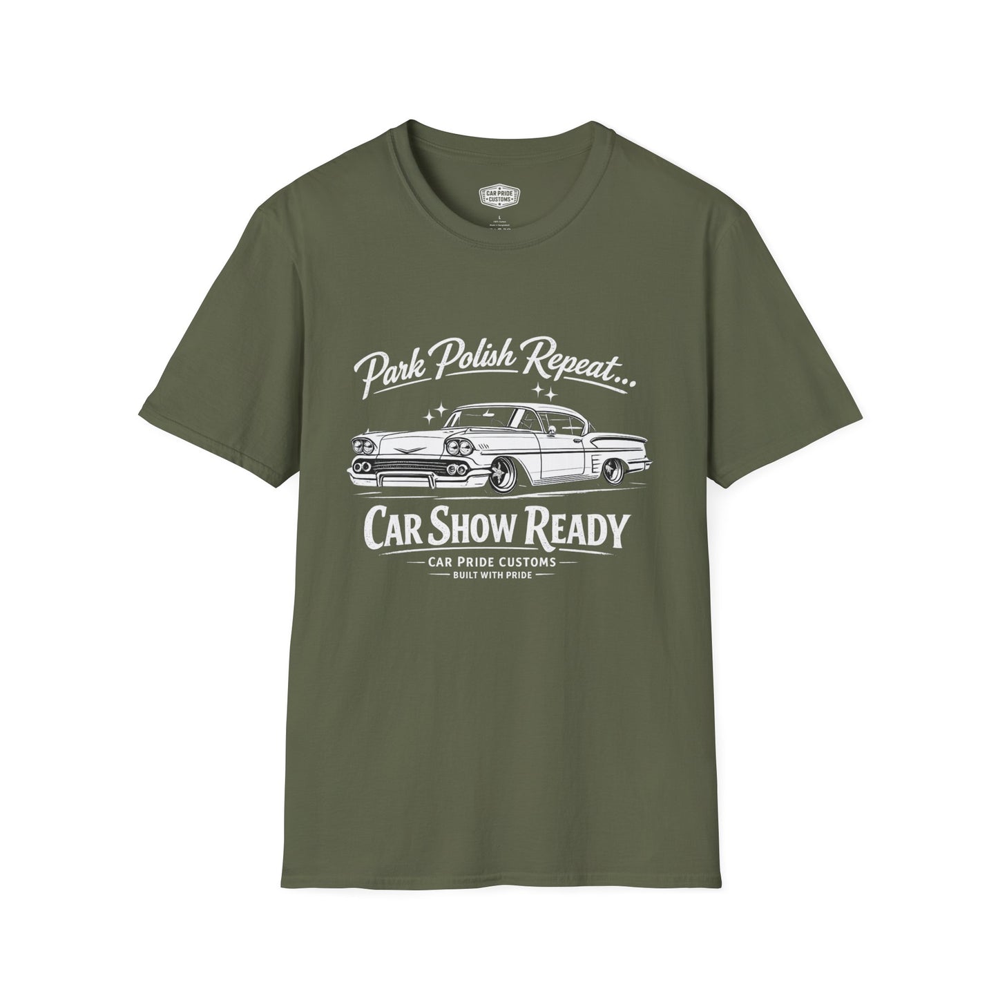 Park Polish Repeat | 1958 Chevy Impala SS T-Shirt | Funny Classic Impala Show Graphic Tee | Chevrolet Shirt