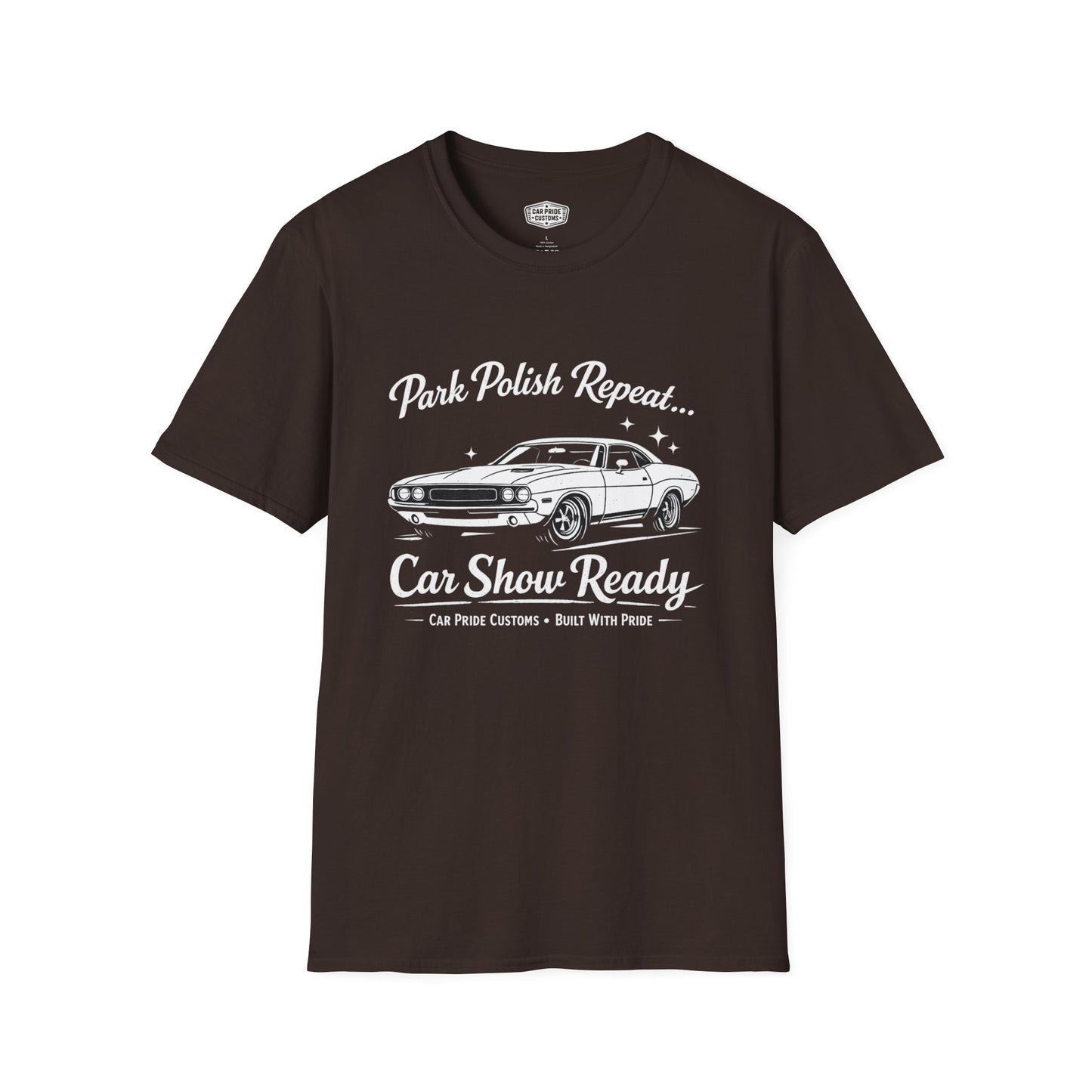 Park Polish Repeat | 1970 Dodge Challenger T-Shirt | Funny Mopar Muscle Car Show Graphic Tee | Challenger Shirt