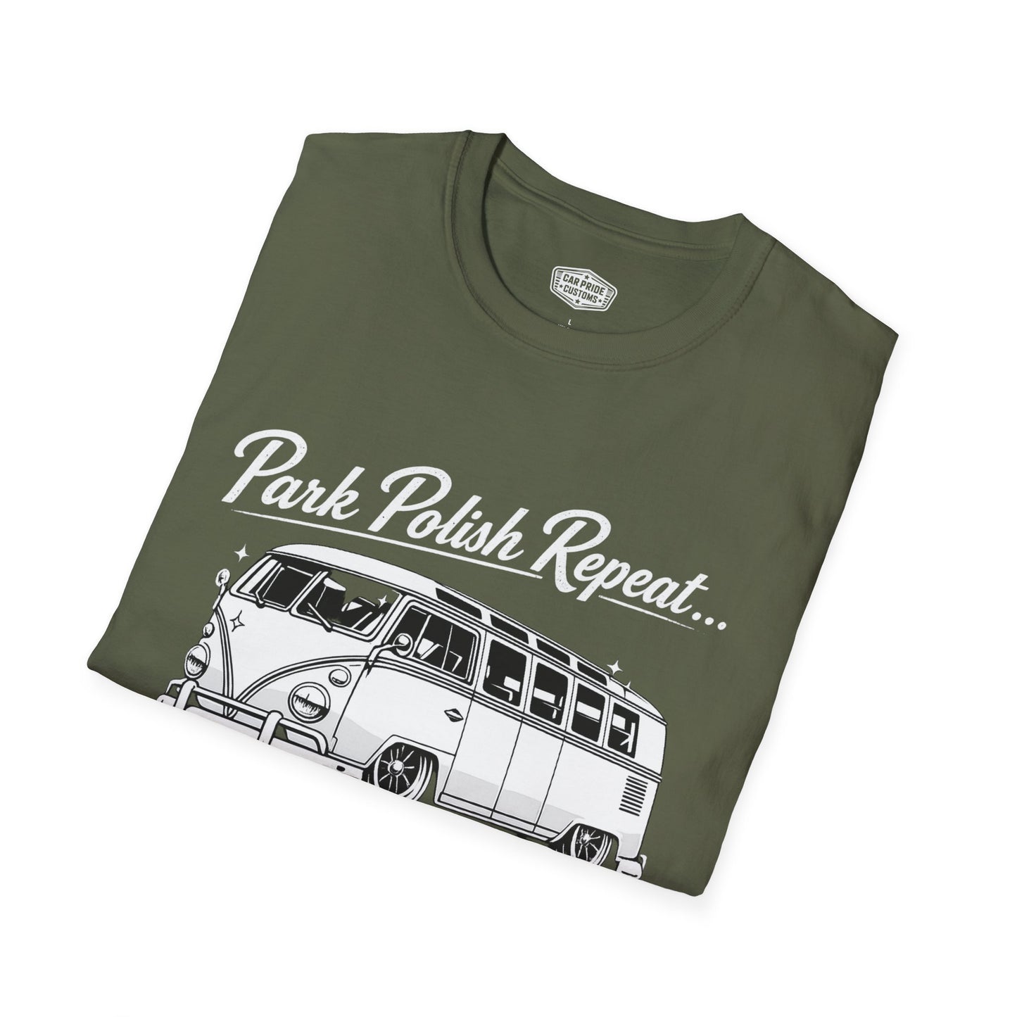 Park Polish Repeat | 1968 VW Bus 13-Window T-Shirt | Funny Classic Van Show Graphic Tee | Volkswagen Shirt