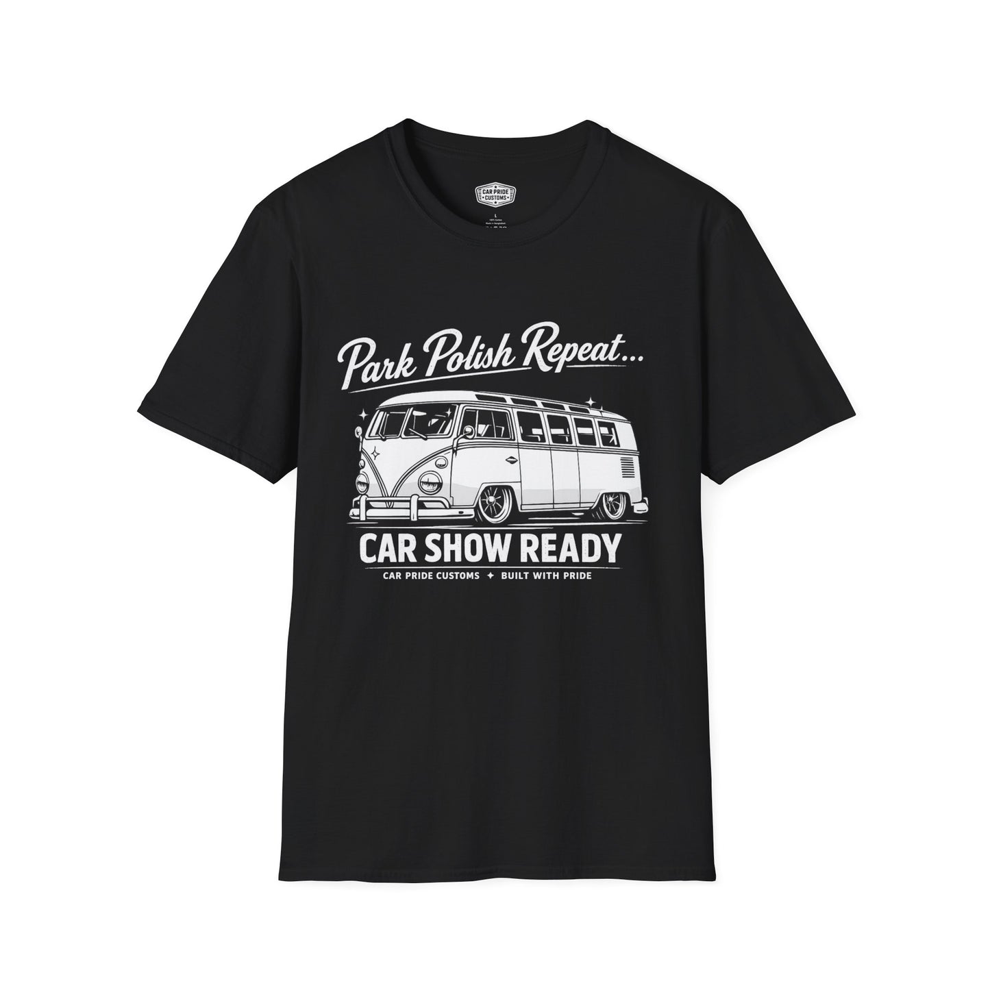 Park Polish Repeat | 1968 VW Bus 13-Window T-Shirt | Funny Classic Van Show Graphic Tee | Volkswagen Shirt