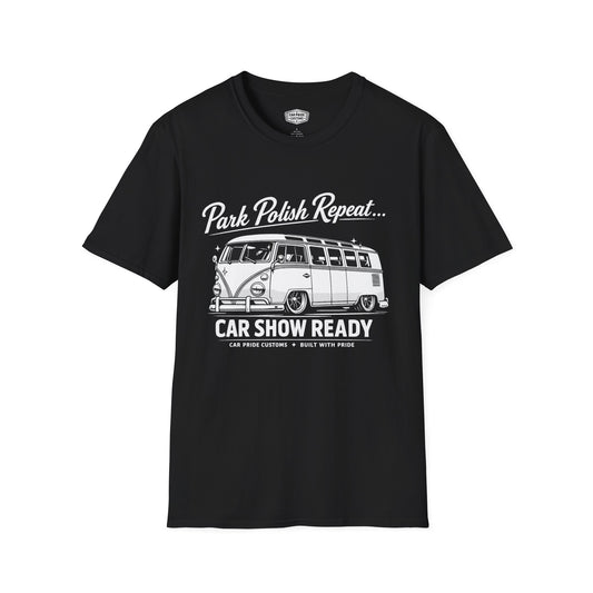 Park Polish Repeat | 1968 VW Bus 13-Window T-Shirt | Funny Classic Van Show Graphic Tee | Volkswagen Shirt