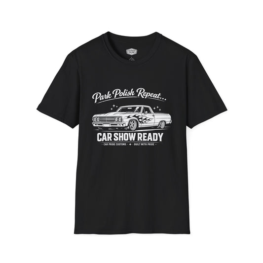 Park Polish Repeat | 1965 Chevy El Camino with Flames T-Shirt | Funny Flame Graphic Show Tee | El Camino Shirt