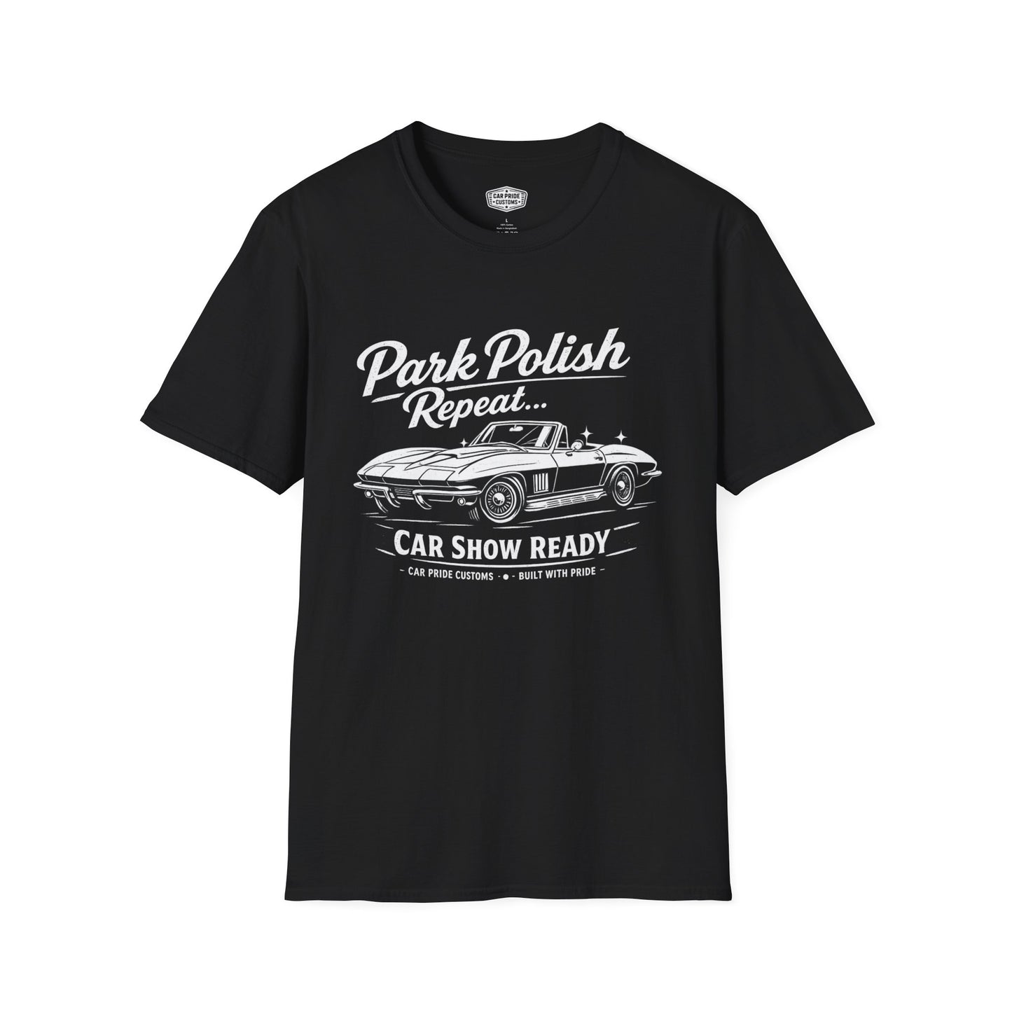 Park Polish Repeat | Corvette T-Shirt | Funny Car Show Ready Graphic Tee | Classic Stingray Shirt