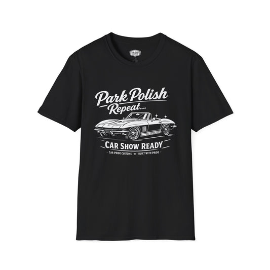 Park Polish Repeat | Corvette T-Shirt | Funny Car Show Ready Graphic Tee | Classic Stingray Shirt