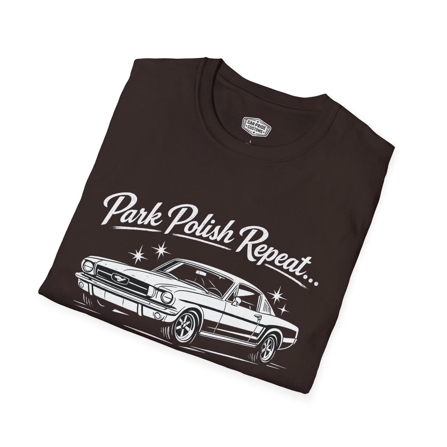 Park Polish Repeat | 1968 Ford Mustang Mach 1 T-Shirt | Car Show Ready Mustang Graphic Tee | Classic Ford Shirt