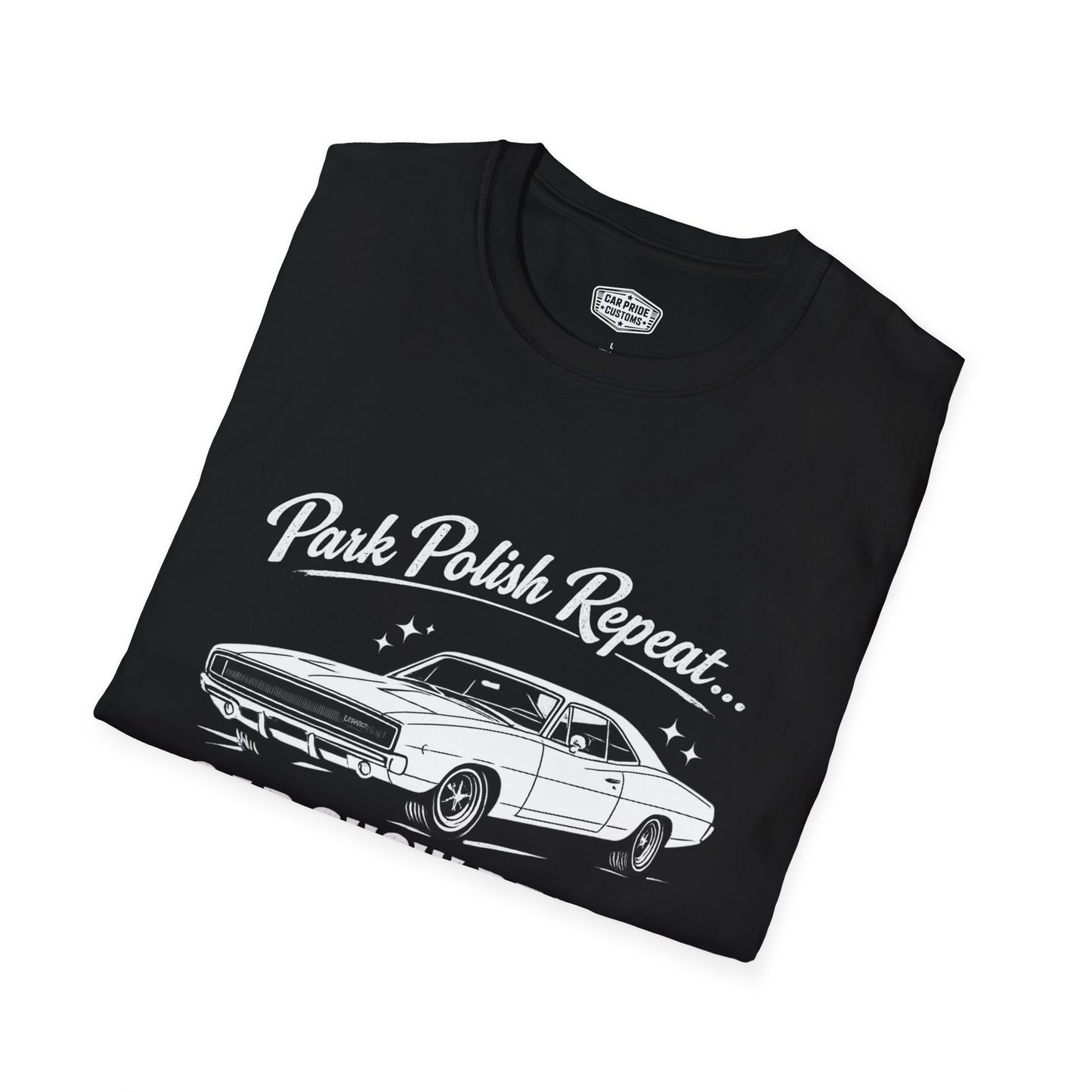 Park Polish Repeat | 1968 Dodge Charger T-Shirt | Funny Mopar Car Show Graphic Tee | Classic Charger Shirt