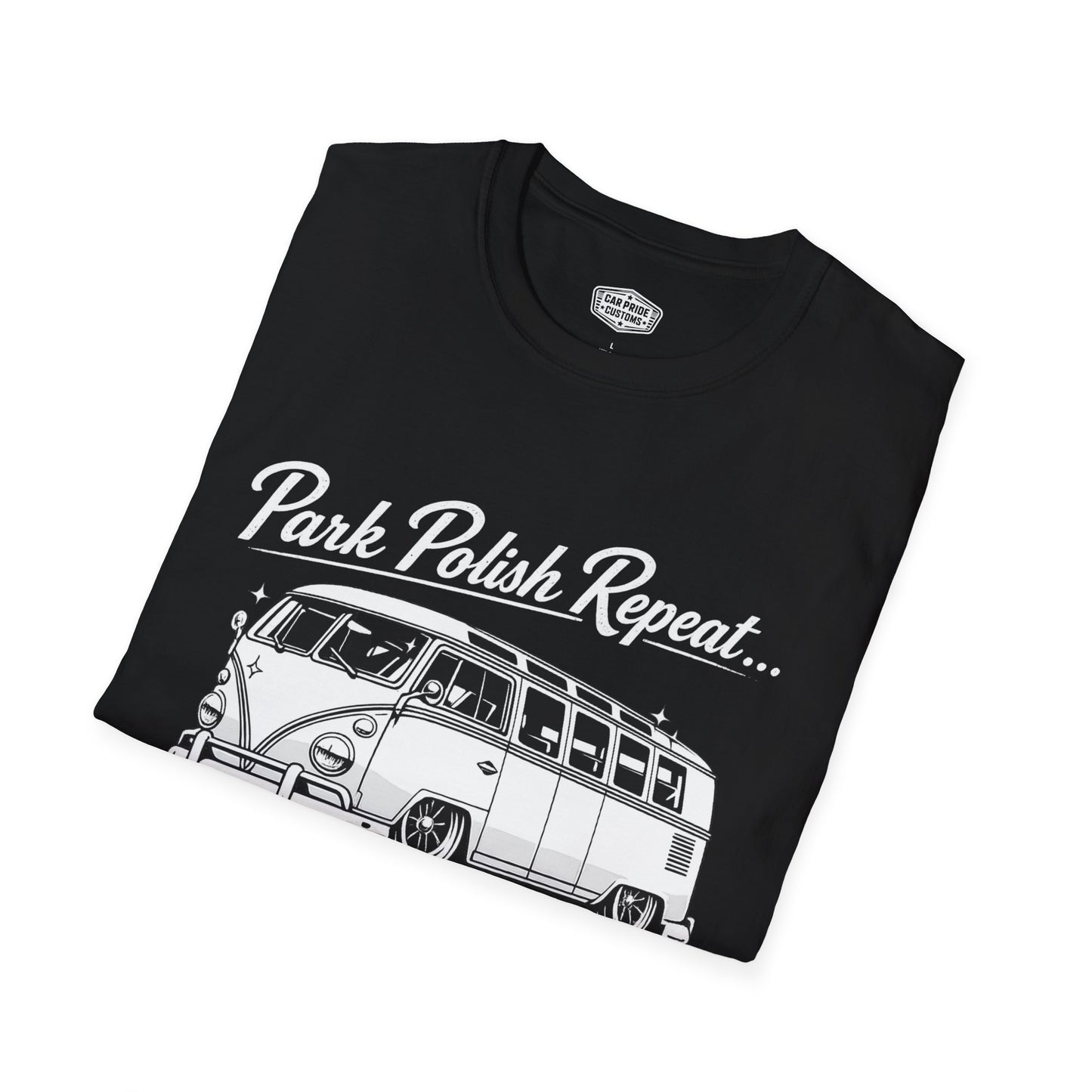 Park Polish Repeat | 1968 VW Bus 13-Window T-Shirt | Funny Classic Van Show Graphic Tee | Volkswagen Shirt