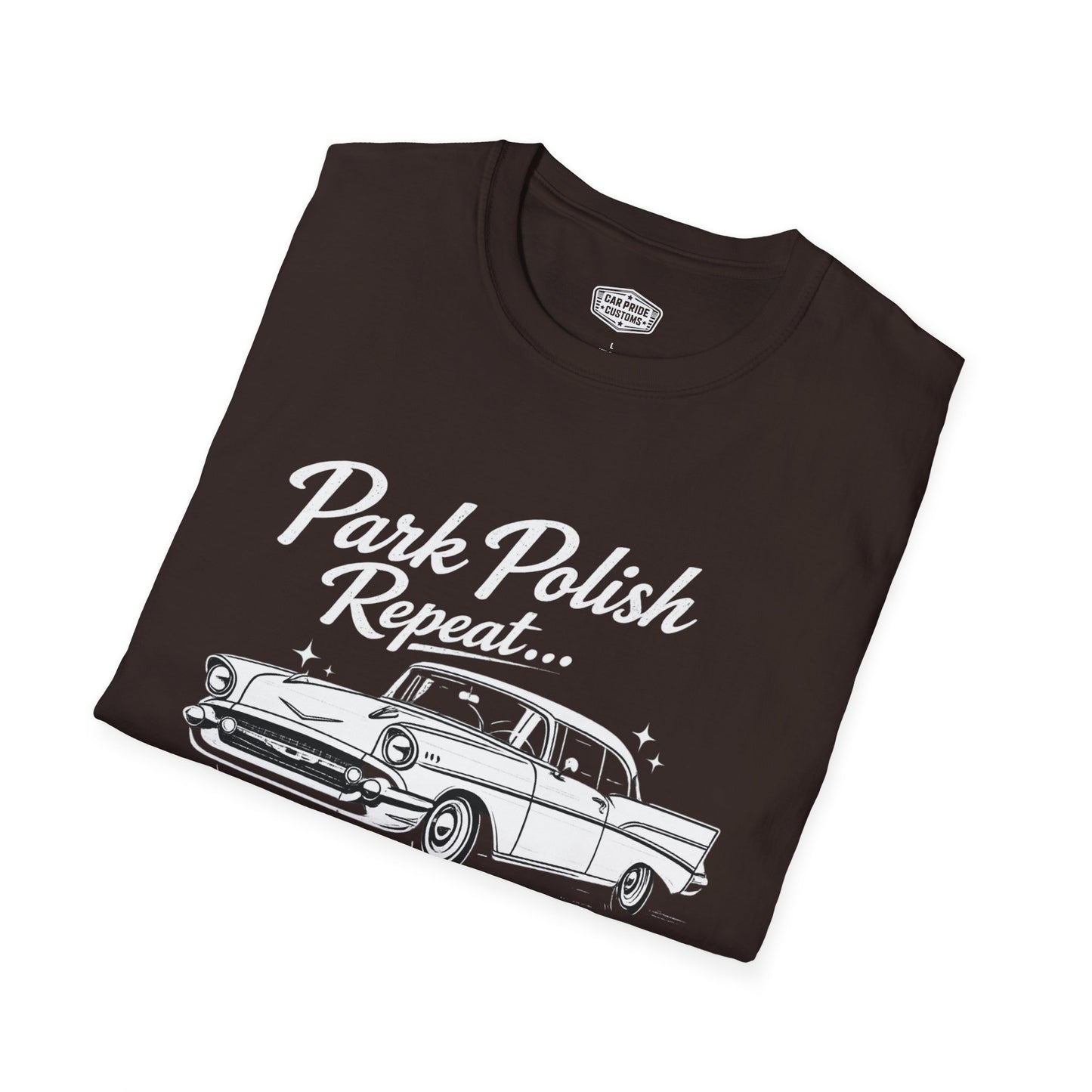 Park Polish Repeat | 1957 Chevy Bel Air T-Shirt | Funny Tri-Five Car Show Graphic Tee | Classic Chevrolet Shirt
