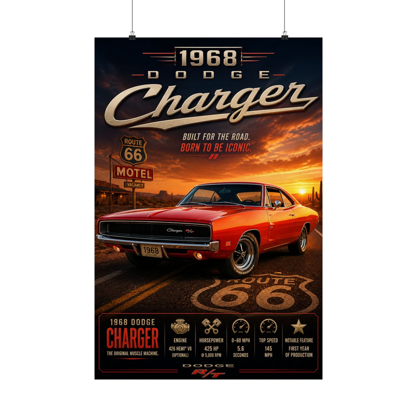 1968 Dodge Charger RT Poster | Classic Mopar Muscle Car Wall Art | Route 66 Charger Print | Vintage Dodge Poster | Car Enthusiast Gift