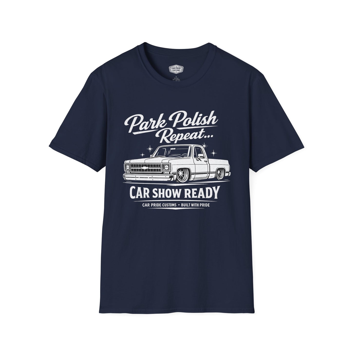 Park Polish Repeat | 1975 Chevy Silverado T-Shirt | Funny Square Body Truck Show Graphic Tee | Chevrolet Truck Shirt