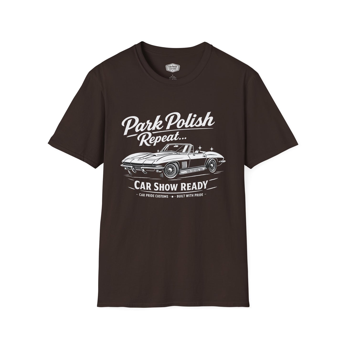 Park Polish Repeat | Corvette T-Shirt | Funny Car Show Ready Graphic Tee | Classic Stingray Shirt