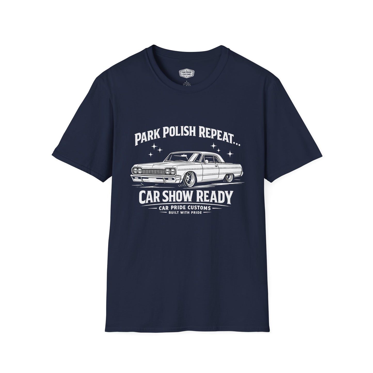 Park Polish Repeat | 1964 Chevy Impala SS T-Shirt | Funny Full-Size Muscle Show Graphic Tee | Impala Shirt