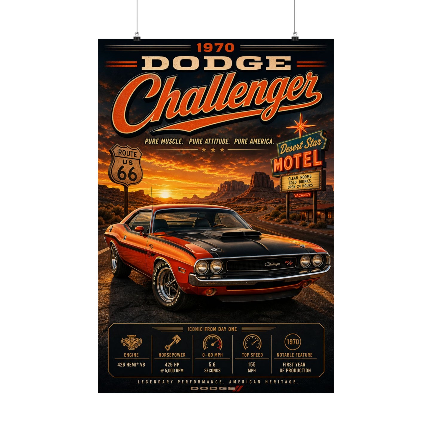 1970 Dodge Challenger Poster | Classic Mopar Muscle Car Print | Route 66 Wall Art | Vintage Challenger Poster | Car Lover Gift