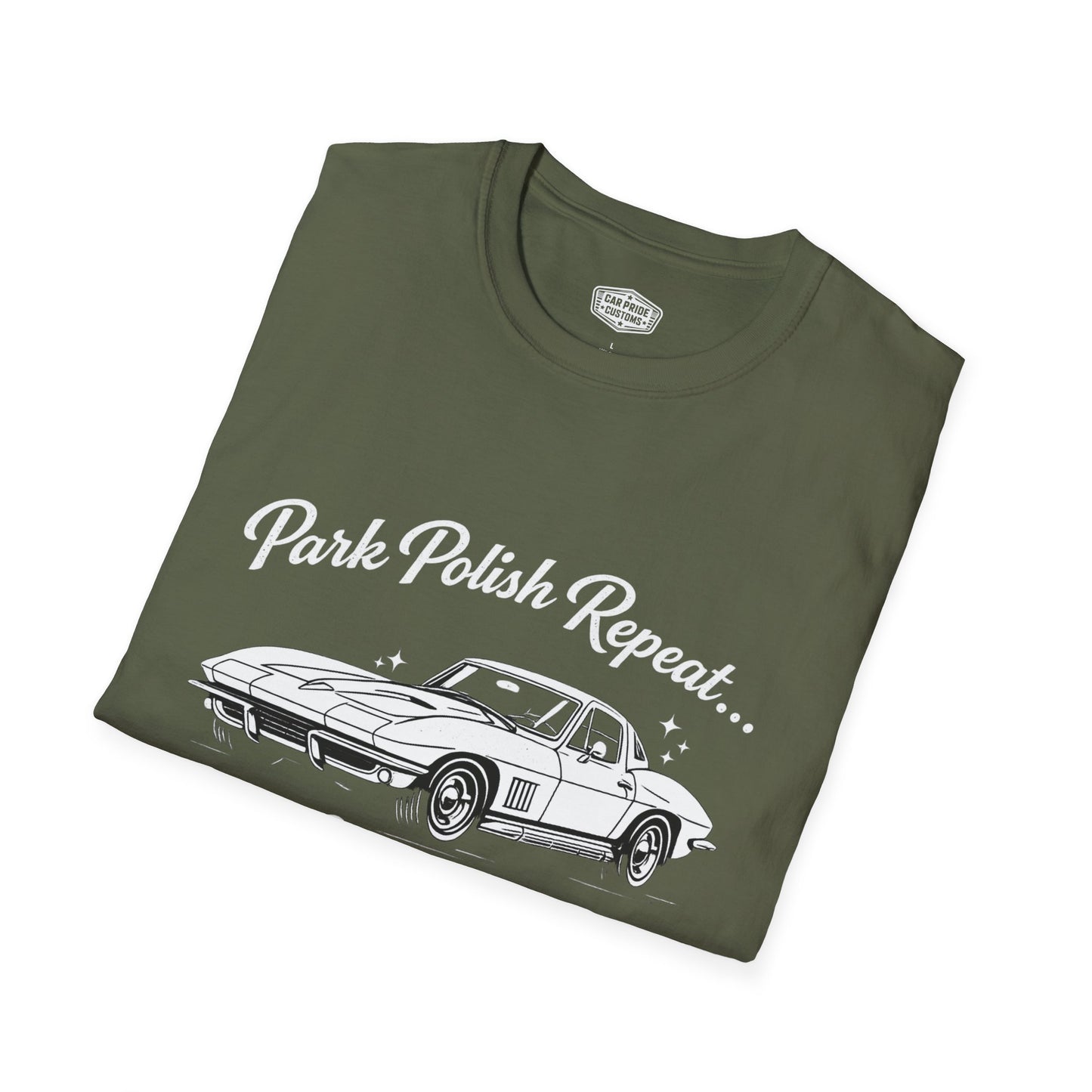 Park Polish Repeat | 1967 Chevy Corvette T-Shirt | Funny Stingray Car Show Graphic Tee | Classic Corvette Shirt