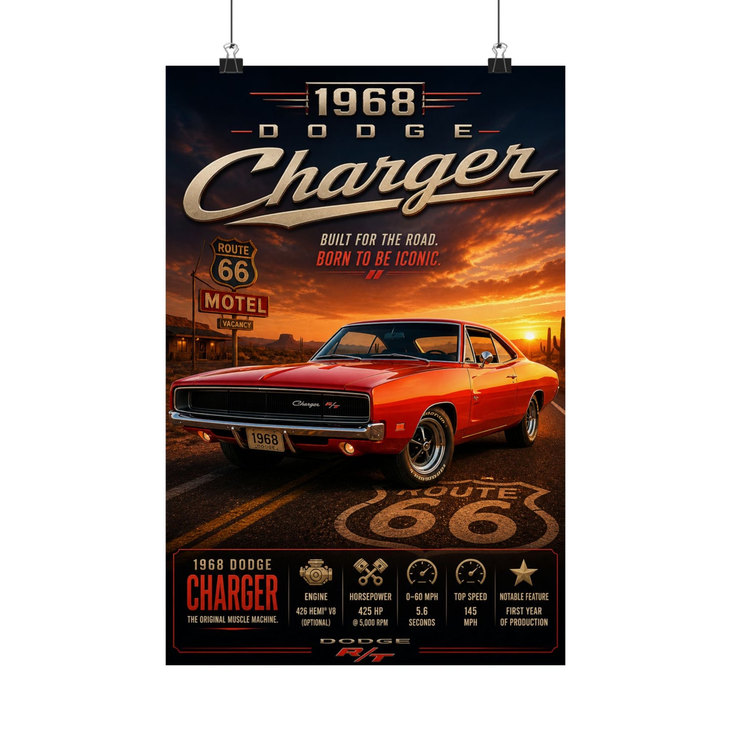1968 Dodge Charger RT Poster | Classic Mopar Muscle Car Wall Art | Route 66 Charger Print | Vintage Dodge Poster | Car Enthusiast Gift
