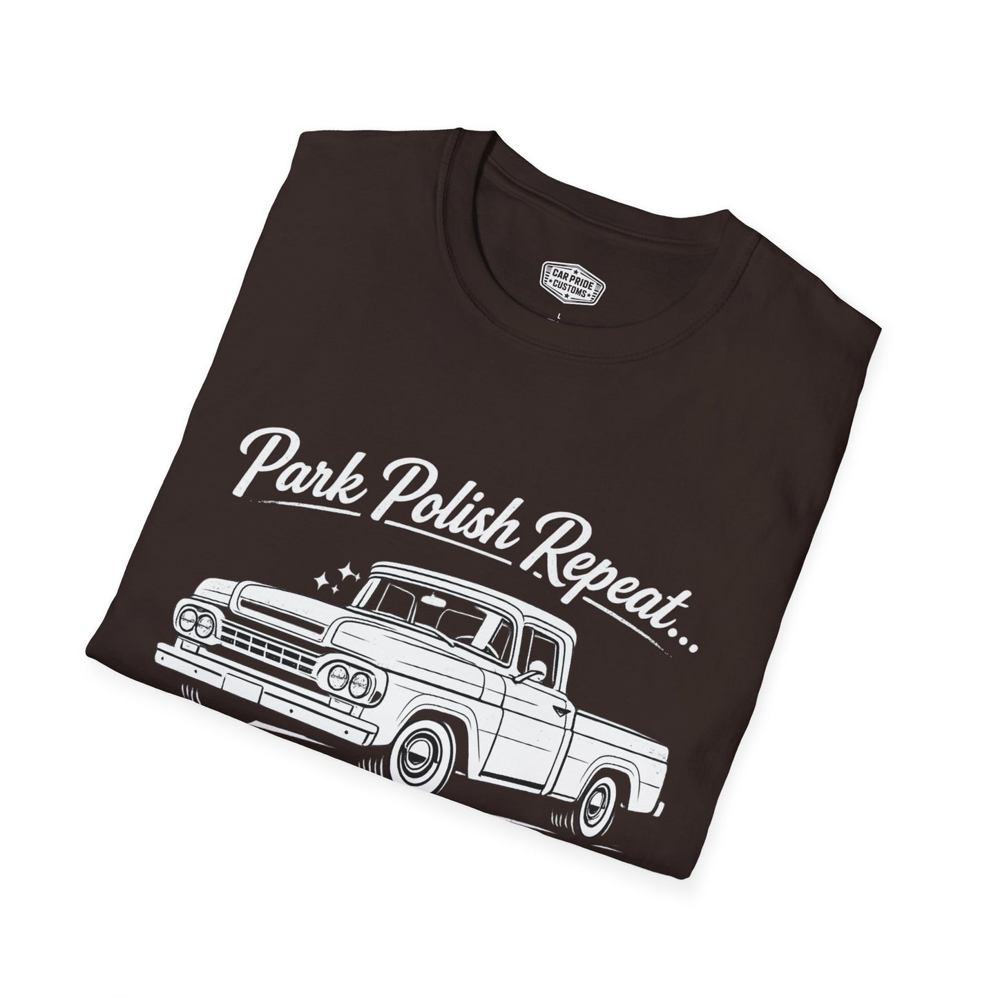 Park Polish Repeat | 1959 Ford F100 T-Shirt | Funny Classic Truck Car Show Graphic Tee | Ford Pickup Shirt
