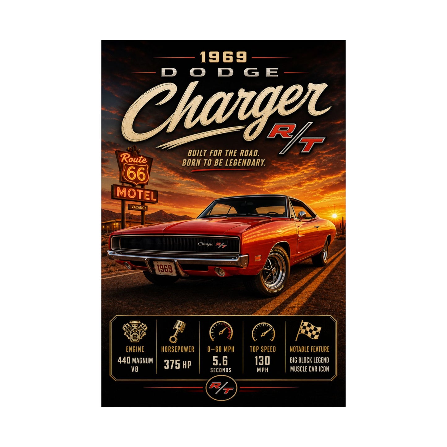 1969 Dodge Charger RT Poster | Classic Mopar Muscle Car Print | Route 66 Wall Art | Vintage Charger Poster | Car Enthusiast Gift