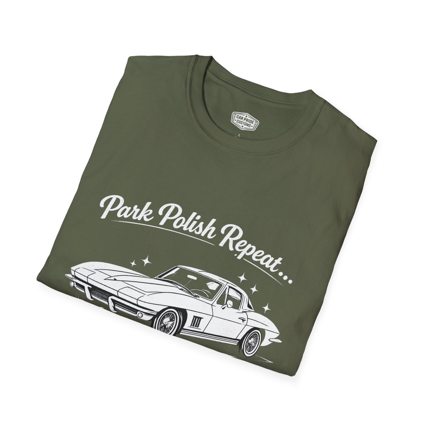 Park Polish Repeat | 1963 Chevy Corvette T-Shirt | Funny Split Window Car Show Graphic Tee | Stingray Shirt