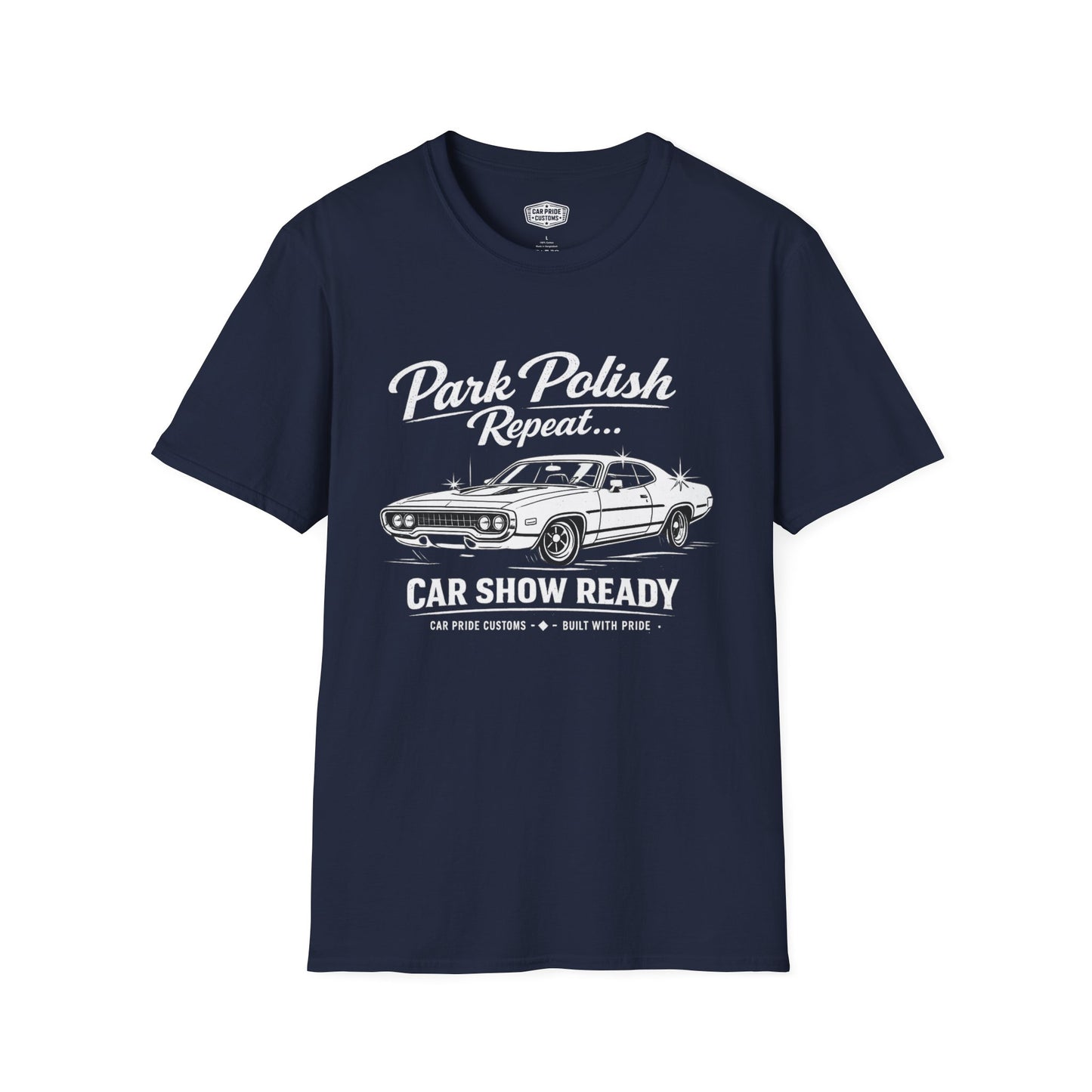 Park Polish Repeat | 1971 Plymouth Road Runner T-Shirt | Funny Mopar Muscle Car Show Graphic Tee | Road Runner Shirt