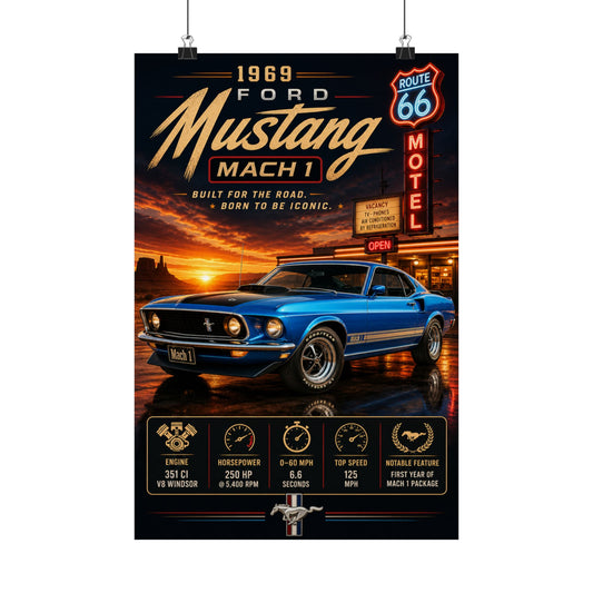 1969 Ford Mustang Mach 1 Poster | Classic Mustang Wall Art | Muscle Car Print | Route 66 Car Poster | Car Enthusiast Gift