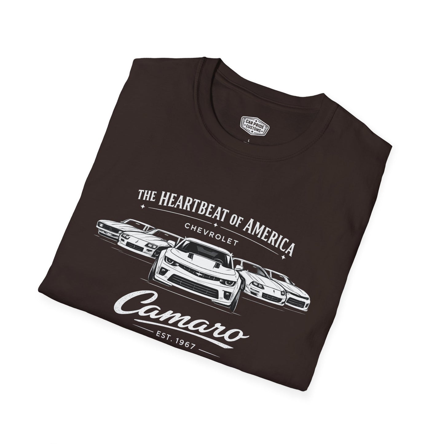 Chevy Camaro Evolution T-Shirt | Heartbeat of America Camaro Graphic Tee | Classic Chevrolet Muscle Car Shirt