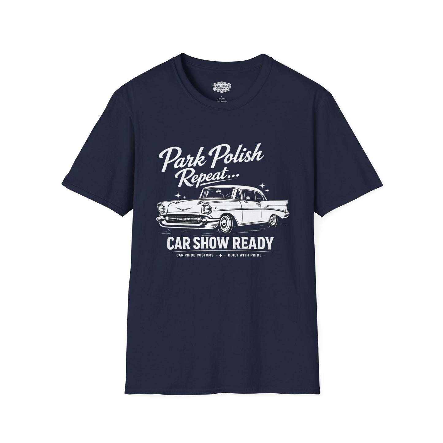 Park Polish Repeat | 1957 Chevy Bel Air T-Shirt | Funny Tri-Five Car Show Graphic Tee | Classic Chevrolet Shirt