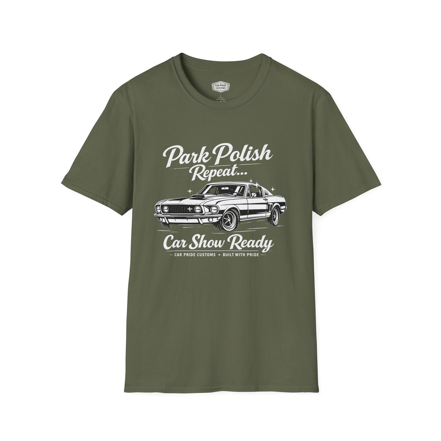 Park Polish Repeat | 1968 Ford Mustang Mach 1 T-Shirt | Funny Car Show Ready Graphic Tee | Classic Mustang Shirt