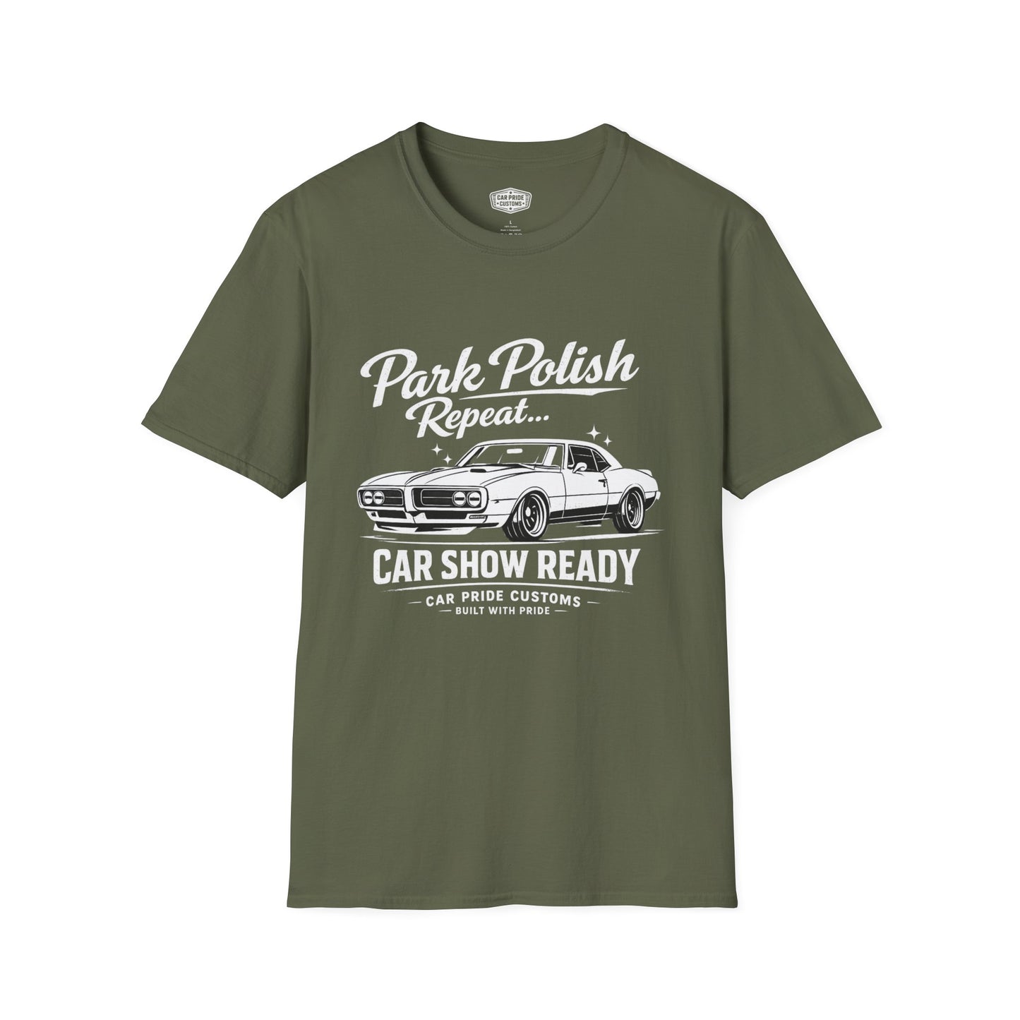 Park Polish Repeat | 1968 Pontiac Firebird T-Shirt | Funny Muscle Car Show Graphic Tee | Firebird Shirt