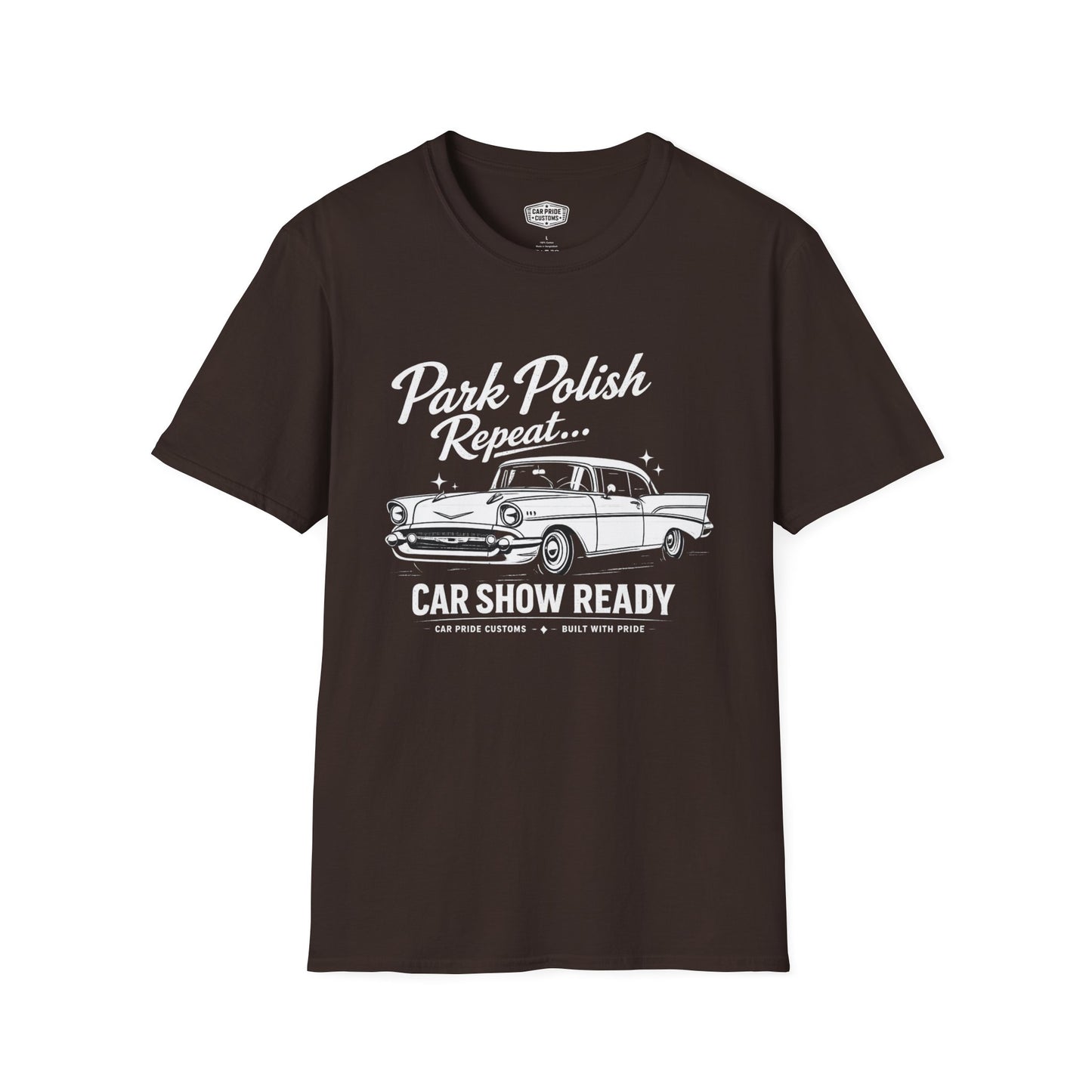 Park Polish Repeat | 1957 Chevy Bel Air T-Shirt | Funny Tri-Five Car Show Graphic Tee | Classic Chevrolet Shirt