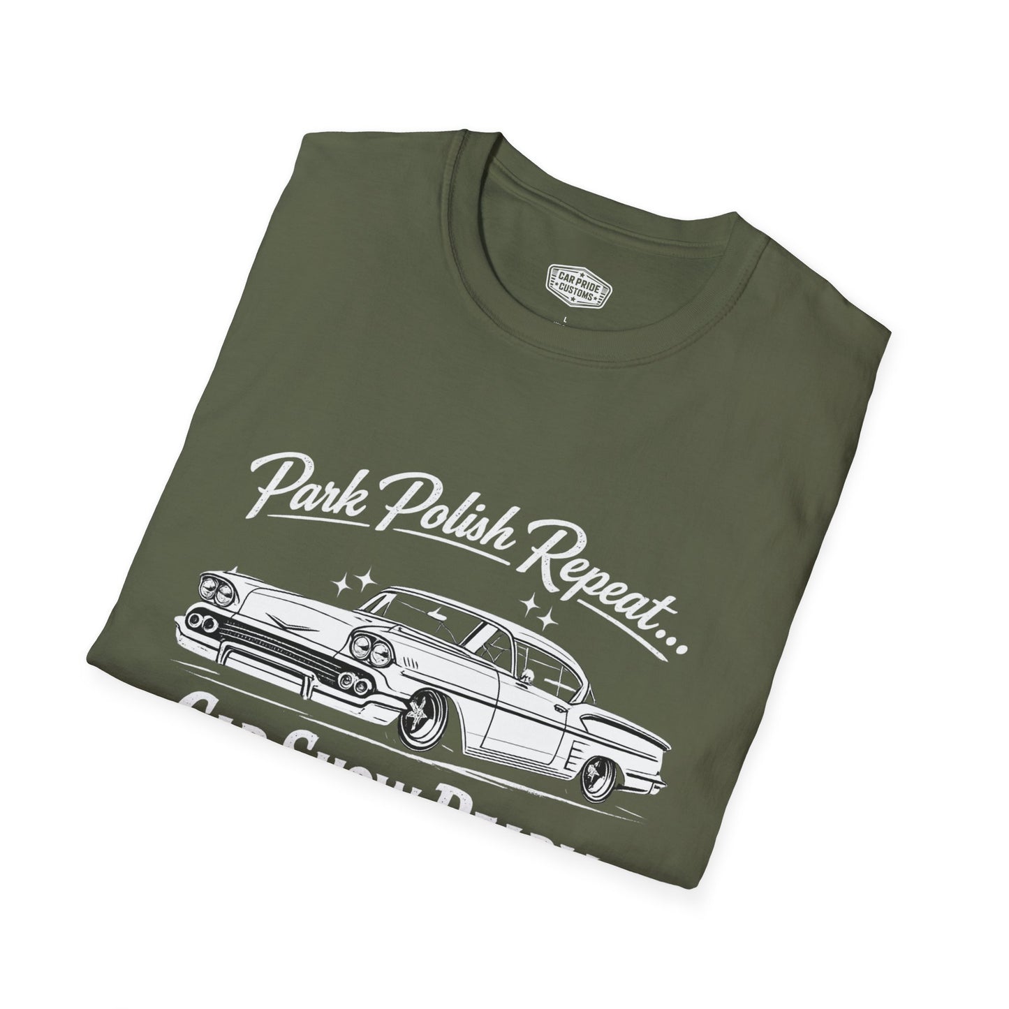 Park Polish Repeat | 1958 Chevy Impala SS T-Shirt | Funny Classic Impala Show Graphic Tee | Chevrolet Shirt