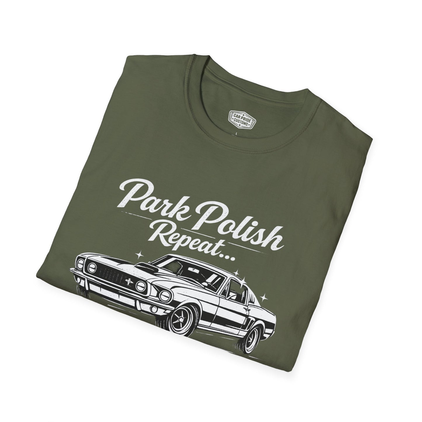 Park Polish Repeat | 1968 Ford Mustang Mach 1 T-Shirt | Funny Car Show Ready Graphic Tee | Classic Mustang Shirt