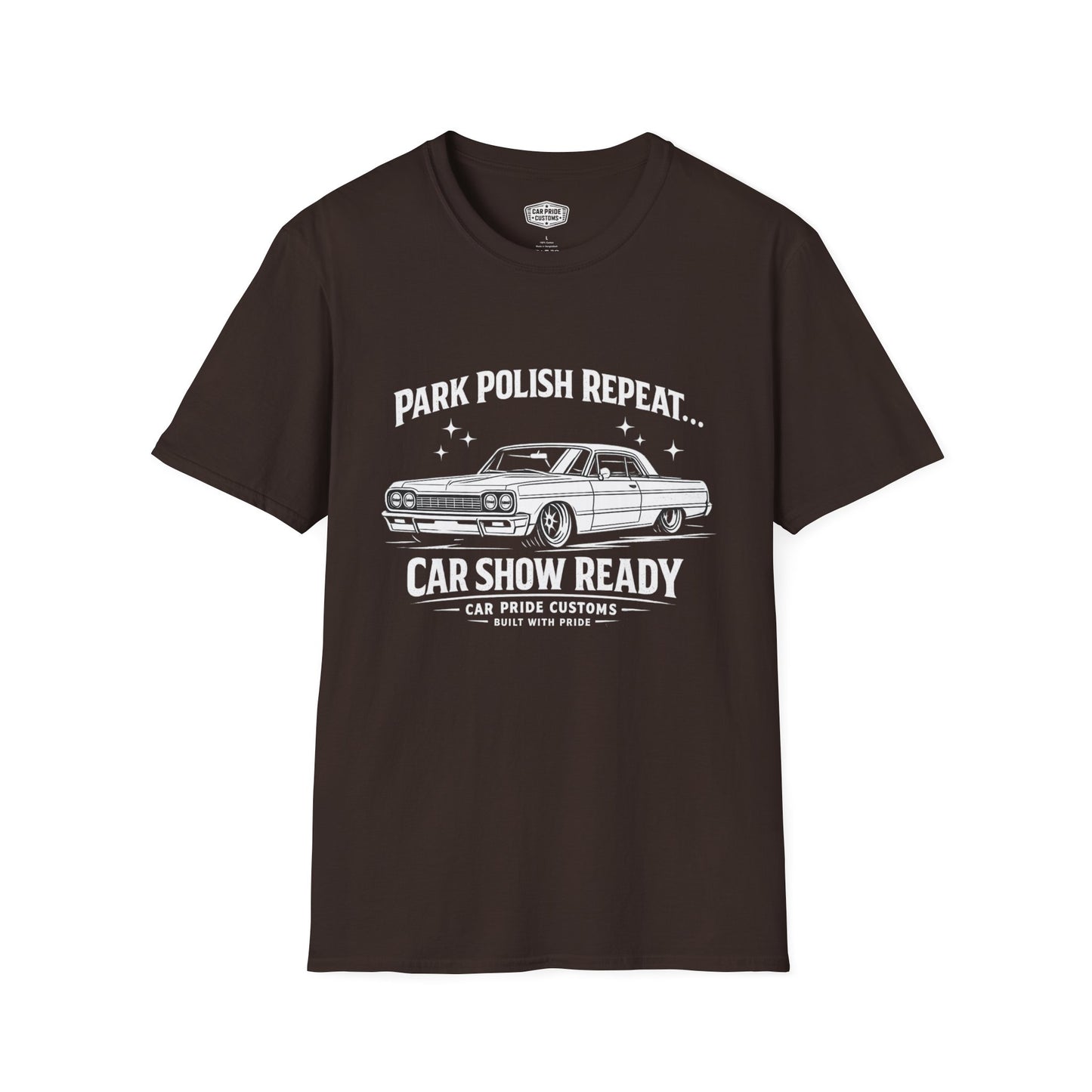 Park Polish Repeat | 1964 Chevy Impala SS T-Shirt | Funny Full-Size Muscle Show Graphic Tee | Impala Shirt