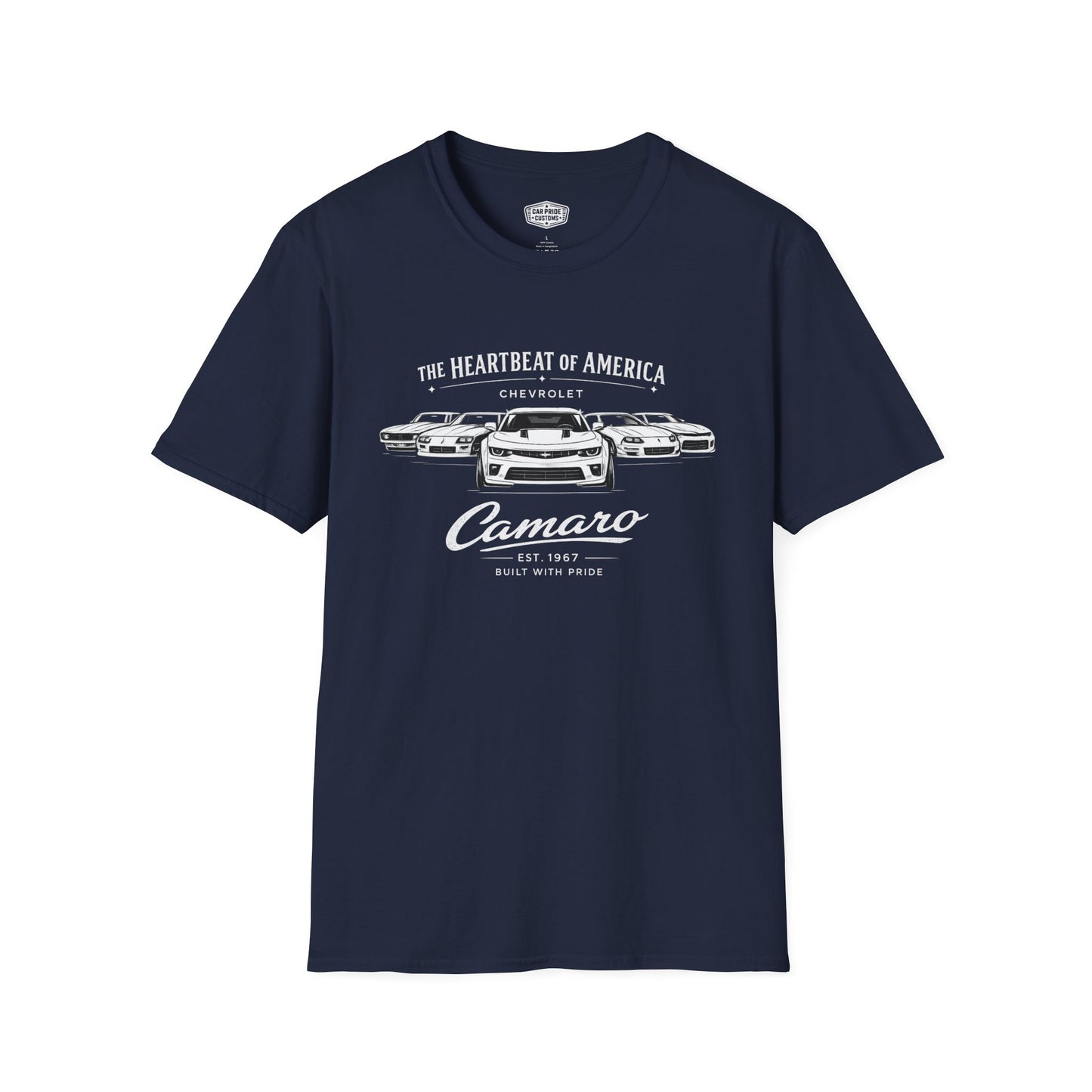 Chevy Camaro Evolution T-Shirt | Heartbeat of America Camaro Graphic Tee | Classic Chevrolet Muscle Car Shirt