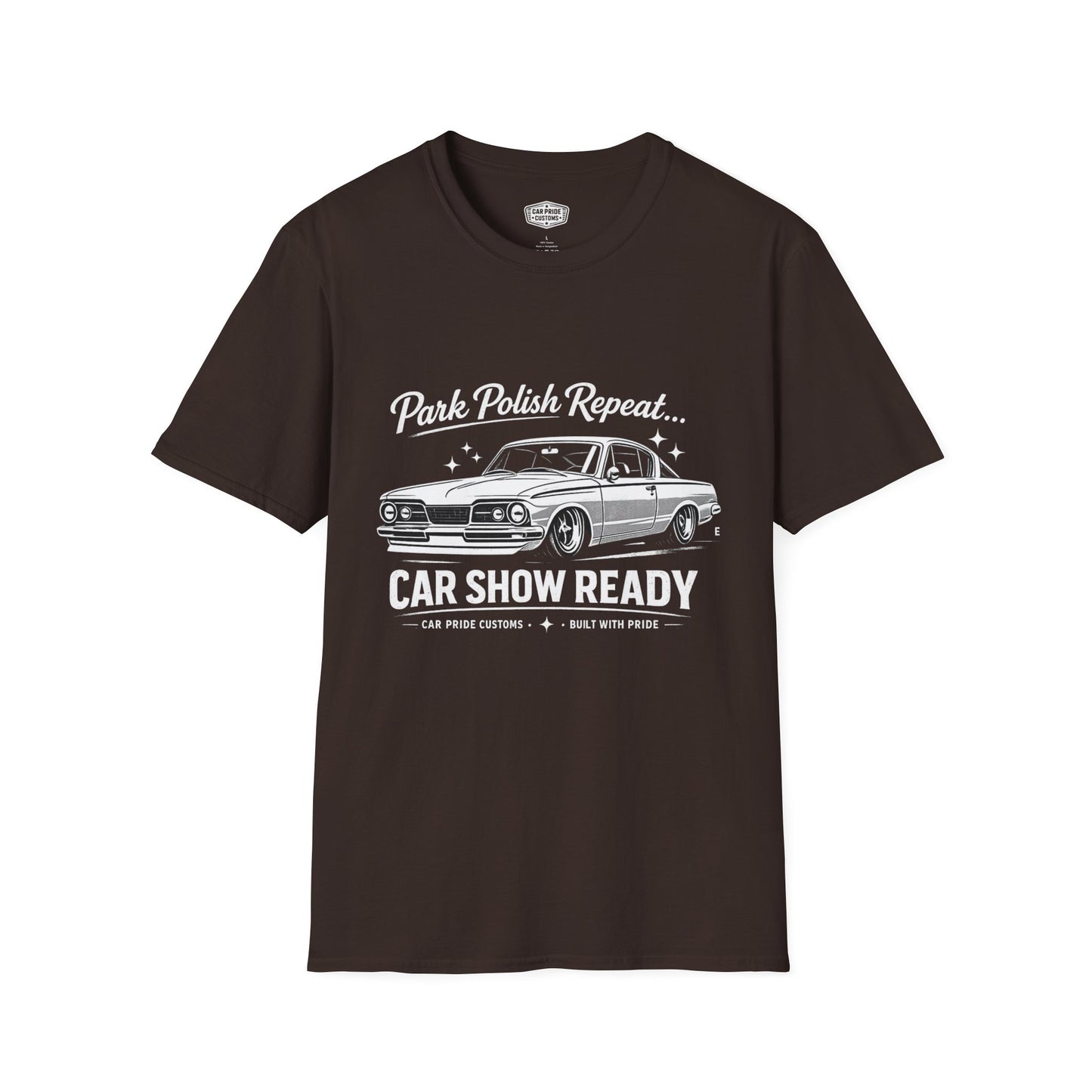 Park Polish Repeat | 1965 Plymouth Barracuda T-Shirt | Funny Mopar Muscle Car Show Graphic Tee | Barracuda Shirt